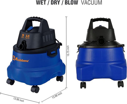Koblenz WD-5 L2 Wet Dry Vacuum Cleaner, 5 Gallon Shop Vac 3.5 PHP, 3-in-1 Suction & Blower, Swivel Casters, Twist-N-Lock Hose, Large Vacuum Cleaners for Home, Workshop, Car, Blue/Black