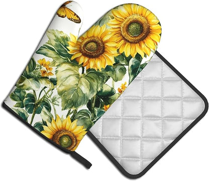 Sunflower Oven Mitts and Pot Holders Spring Summer Kitchen Accessories Set of 2 Floral Plant Botanical Gloves Potholder for Chef Cooking Baking Grilling BBQ