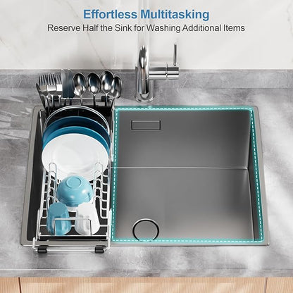 GSlife Small Sink Dish Drying Rack - Stainless Steel in Sink Dish Rack for RV Camper, Expandable Kitchen Counter Drainer with Utensil Holder, 13.2''-19.1" L x 6.5" W x 4.3" H, Silver