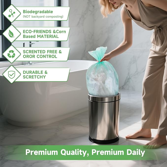 Biodegradable Medium Trash Bags 8 Gallon - Compostable Clear Green Garbage Bags Unscented 100 Count Strong Thick Waste Basket Can Liners for Home Office Bedroom Heihaily
