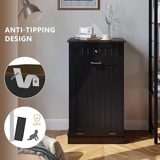 LOUVIXA Tilt Out Trash Can Cabinet, Hidden Trash Cabinet with Drawer, Wooden Dog Proof Trash Can Holder, Tilt Out Laundry Hamper, Garbage Can Holder (Black)