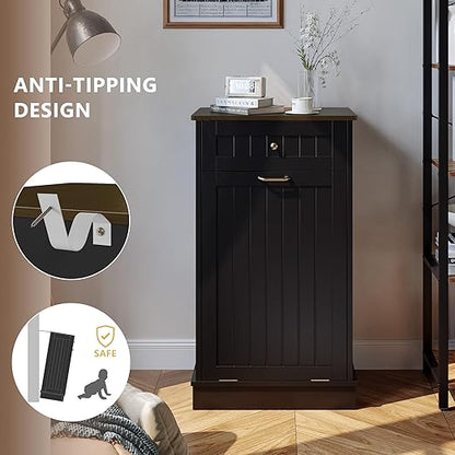 LOUVIXA Tilt Out Trash Can Cabinet, Hidden Trash Cabinet with Drawer, Wooden Dog Proof Trash Can Holder, Tilt Out Laundry Hamper, Garbage Can Holder (Black)