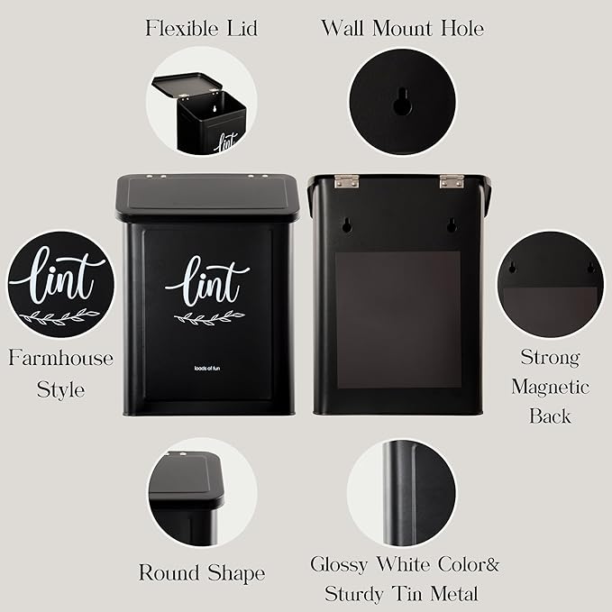 Perfnique Magnetic Lint Bin for Laundry Room with Lint Brush, Wall Mounted Lint Holder Trash can with lid for Dryer, Modern Farmhouse Rustic Metal Laundry Room Storage Organization and Decor(Black)