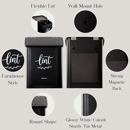 Perfnique Magnetic Lint Bin for Laundry Room with Lint Brush, Wall Mounted Lint Holder Trash can with lid for Dryer, Modern Farmhouse Rustic Metal Laundry Room Storage Organization and Decor(Black)