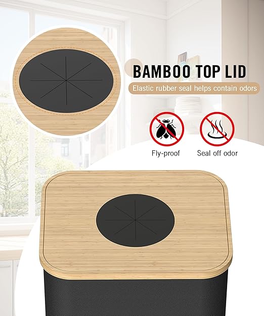 Recycling Bins for Kitchen, 26 Gallon (100L) Recycle Bin with Bamboo lid, Indoor Oxford Fabric Recycling Trash Can with 2pcs Removeable and Reusable Inner Bags for Bottle Can Glass Plastice, Black