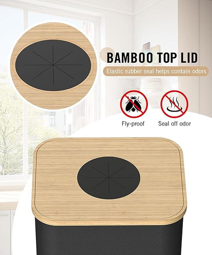 Recycling Bins for Kitchen, 26 Gallon (100L) Recycle Bin with Bamboo lid, Indoor Oxford Fabric Recycling Trash Can with 2pcs Removeable and Reusable Inner Bags for Bottle Can Glass Plastice, Black