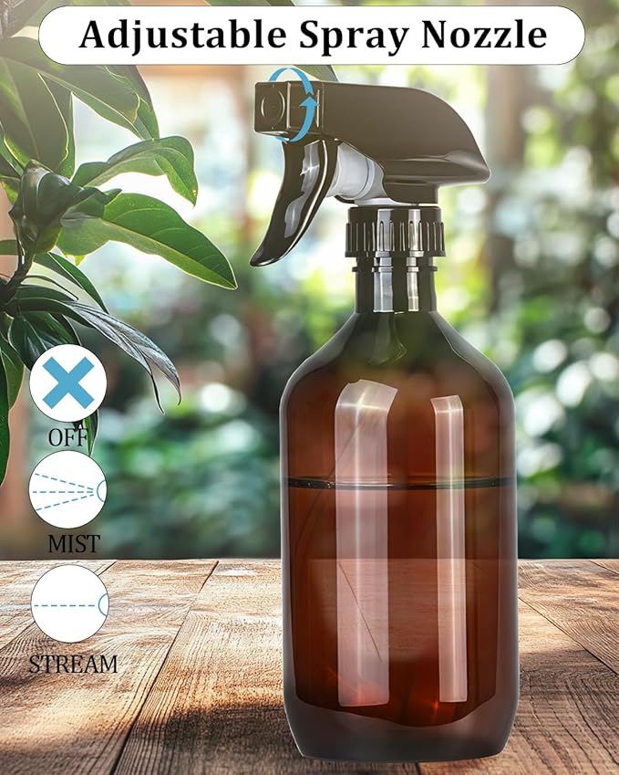 2 Pack 360° Spray Bottles, 16 oz Plastic Small Containers with Adjustable Spray Nozzles, Spray Bottles for Hair, Cleaning Solutions, BBQ and Plants Amber&Clear