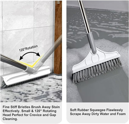 2 in 1 Cleaning Scrub Brush Grout Brush Scrapee 3 Poles 47.6'' Floor Scrub Brush with Long Handle V-Shape Stiff Bristle Brush Scrubber with Squeegee 120°Rotate Shower Cleaning Brush for Bathroom Glass