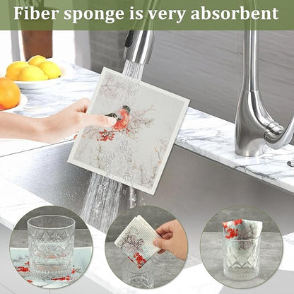 6Pcs Swedish Dishcloths for Kitchen, Quick-Drying Reusable Paper Towels, Absorbent Washable Kitchen Dish Rags, Soft Cellulose Sponge Cloths for Countertop Sink Flower Bird (6pcs Chinese Style Birds)