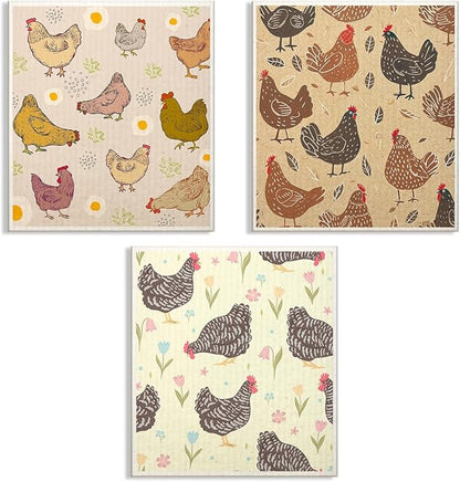 Swedish Dishcloths for Kitchen | 6 Pack Floral Reusable Paper Towels Washable | Swedish Dish Towels | Non-Scratch Cellulose Sponge Cloths | No Odor, Biodegradable Cleaning Cloths, Chicken