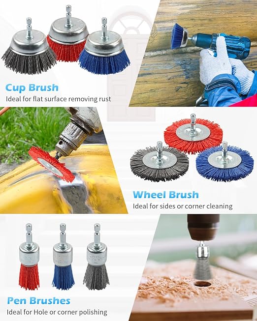 Rocaris 18 Pack Nylon Filament Abrasive Wire Brush Wheel & Cup Brush Set with 1/4 Inch Hex Shank, for Removal of Rust/Corrosion/Paint - 80 Grit, 120 Grit, 240 Grit
