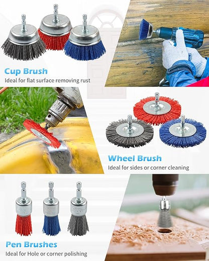 Rocaris 18 Pack Nylon Filament Abrasive Wire Brush Wheel & Cup Brush Set with 1/4 Inch Hex Shank, for Removal of Rust/Corrosion/Paint - 80 Grit, 120 Grit, 240 Grit
