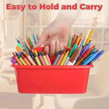 Kathfly 12 Pack Caddy Organizer with Handle, Stackable Organization Storage, Small Plastic Basket Classroom Caddy for Table Desk Office Pencil Kids Room Craft Art Teacher School Supplies (Blue Red)