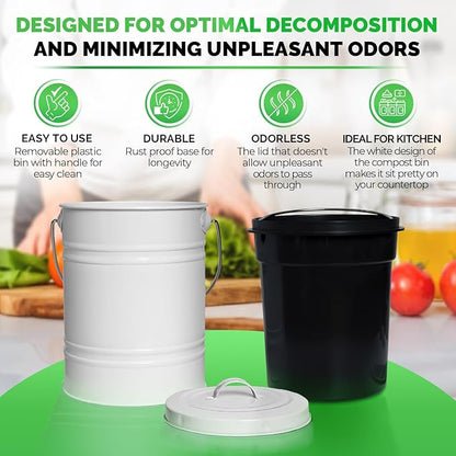 Plexon Kitchen Compost Bin with Lid, 1.3 Gallon Metal Countertop Compost Bucket Pail, Indoor Composter - White