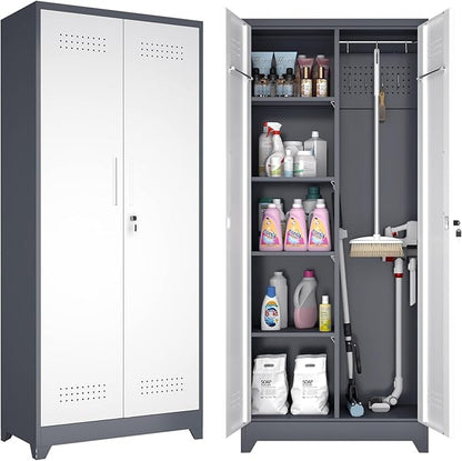 GREATMEET Metal Garage Storage Cabinet, 73" H Broom Closet Storage Cabinet, Locking Utility Cabinet with Doors and Shelves for Garage, Home, Grey White
