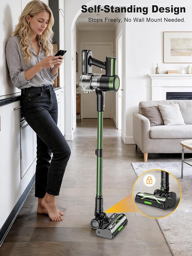 Cordless Vacuum Cleaner,58kPa/10-in-1 Stick Vacuum with 29-inch Hose and LED Lighting Brush,50Mins Runtime Vacuum Cleaner for Home,Self-Standing Vacuum with Anti-Tangle Brush for Pet Hair/Carpet/Floor