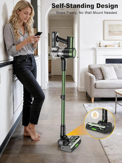 Cordless Vacuum Cleaner,58kPa/10-in-1 Stick Vacuum with 29-inch Hose and LED Lighting Brush,50Mins Runtime Vacuum Cleaner for Home,Self-Standing Vacuum with Anti-Tangle Brush for Pet Hair/Carpet/Floor