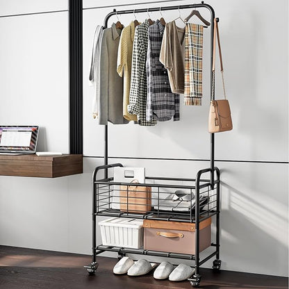 SUOERNUO Laundry Cart with Hanging Rack Rolling Laundry Hamper Sorter with Wheels Shelf,Black