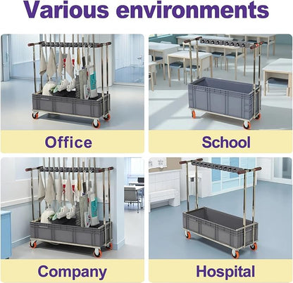 SARKEY Mobile Broom Mop Holder,Mobile Cleaning Trolley,Freestanding Housekeeping Storage,Solves The Problem Of Dripping Mops And Wet Floors,For Garden,Schools,Hotels(120x40x110cm(47x16x43in))
