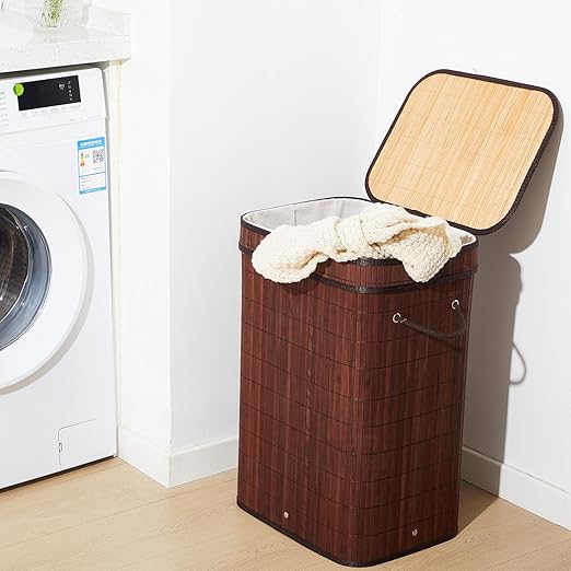 1 Pack 21 Gallon Bamboo Slim Trash Can with Lid Large Foldable Slim Rectangular Garbage Can Bamboo Waste Basket for Bathroom Bedroom Office Home Salon Spa (Brown)
