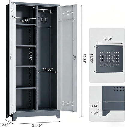 Metal Storage Cabinet 72" Tall, Garage Storage Cabinet with Lockable Doors & Shelves, Utility Broom Closet, Steel Tool Cabinet for Garage, Laundry Room, Home Office, Grey/White