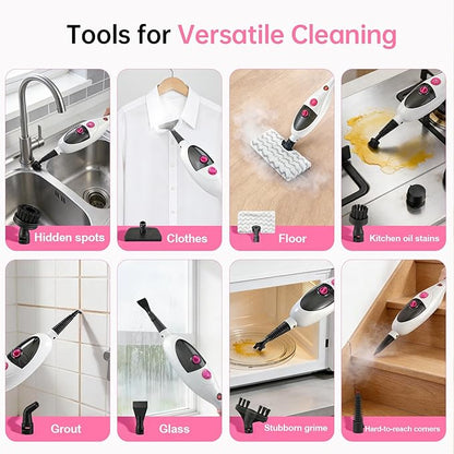 12-in-1 Steam Mop Cleaner, 15-Sec Fast Heat-Up, 1200W Floor Steamer with Double-Sided Pads, Removes 99.99% Stubborn Stains for Hardwood Floors, Marble, Clothes, Windows, Tiles, White