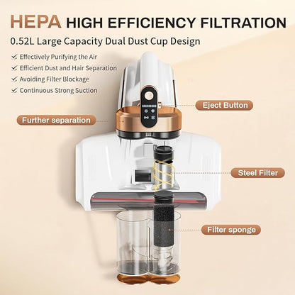 Cordless Mattress Vacuum Cleaner, 16Kpa Bed Vacuum Cleaner with 253.7nm UV-C Light & Ultrasonic Tech, HEPA Filter, Portable Handheld Vacuum for Bed Sofa Couch Crib & Pet Hair(Pearl White)