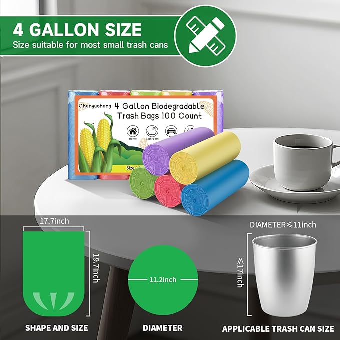 Small Bathroom Trash Bags 4 Gallon - Colorful Mini Garbage Bags 100 Count 4 Gal 15 Liter Waste Basket Liners For Kitchen Office Car Biodegradable Unscented Strong Thick Chenyucheng