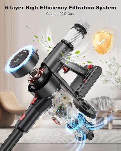 Cordless Vacuum Cleaner, Stick Vacuum Rechargeable, 550W 45KPA Powerful Suction Lightweight Vacuum Cleaners for Home, Anti-Tangle, Self Standing for Pet Hair Hardwood Floor Carpet - Sliver