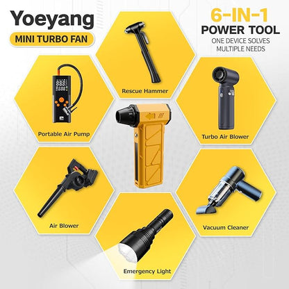 Compressed Air Duster, Industry-First O-Shaped Air Duct with 13-Blade Dual-Layer Turbo Fan, 6-in-1 Cordless Mini Blower, Vacuum & Inflator,4-Speed, LED Light & Window Breaker for Car Home, Yellow