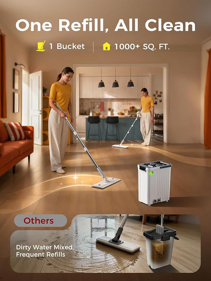 Mop and Bucket Set | Auto-Spray Cleaning | Dirty Water Separation Keep Water Fresh | Flat Mop & Bucket with Wringer | 3x Washable Pads | High-efficiency Cleaning for All Floors Tile Wall Window