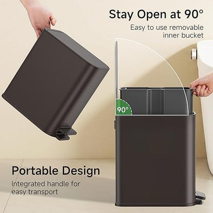 TIPGO Small Bathroom Trash Can with Lid Soft Close, Step Pedal, 1.3 Gallon / 5 Liter Stainless Steel Slim Garbage Can for Office, Diaper Waste Basket with Removable Inner Bucket (Brown)