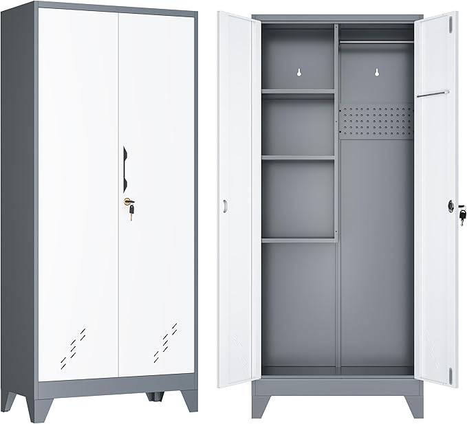 VASAAOSD 61" Broom Closet Storage Cabinet, Metal Storage Cabinet with Doors, Utility Cabinets for Brooms and Mops, Cleaning Tool Cabinets for Garage, Laundry Room, Bathroom (White)