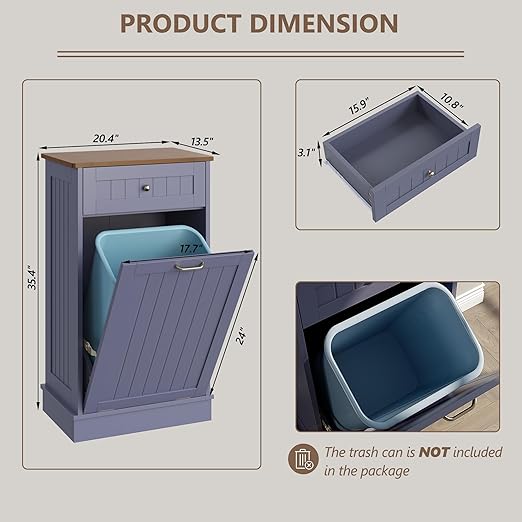 LOUVIXA Tilt Out Trash Can Cabinet, Hidden Trash Cabinet with Drawer, Wooden Dog Proof Trash Can Holder, Tilt Out Laundry Hamper, Garbage Can Holder (Gray-Blue)