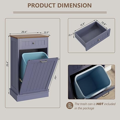 LOUVIXA Tilt Out Trash Can Cabinet, Hidden Trash Cabinet with Drawer, Wooden Dog Proof Trash Can Holder, Tilt Out Laundry Hamper, Garbage Can Holder (Gray-Blue)