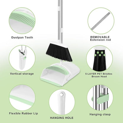 BSKLIN Broom and Dustpan Set, Broom with Dustpan Combo Set with Teeth to Clean Pet Hair 52-in Long Adjustable Handle Broom for Home Office Kitchen Lobb (Green)