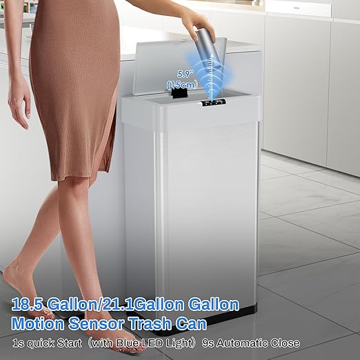 Sensor Trash Can, Touchless Motion Sensor Trash Bin, Smart Automatic Garbage Can with Soft-Close Lid, Bag Retainer Ring and Display Light,for Kitchen,Living Room Office (Silver, 18.5 Gal)