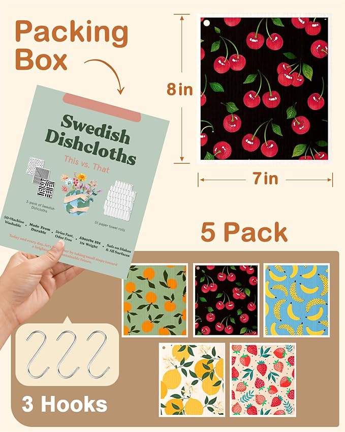 Miss Adola Swedish Dishcloths for Kitchen with Hooks - Reusable Dish Cloths for Washing Dishes Fast Drying Cute Fun 5 Pack Swedish Dish Towels Washable Cleaning Sponge, Fruit