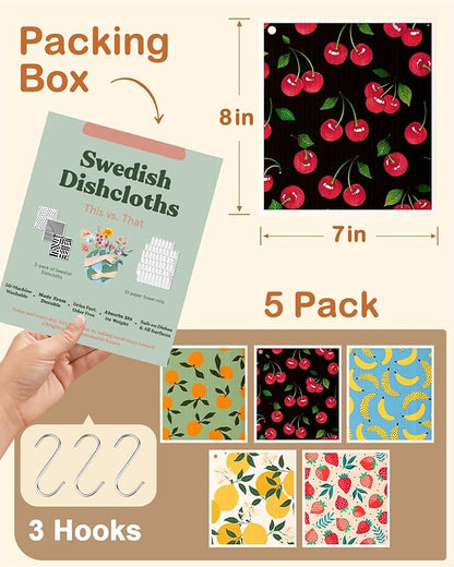 Miss Adola Swedish Dishcloths for Kitchen with Hooks - Reusable Dish Cloths for Washing Dishes Fast Drying Cute Fun 5 Pack Swedish Dish Towels Washable Cleaning Sponge, Fruit