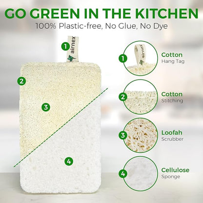 AIRNEX Natural Loofah Sponges for Dishes - Pack of 6 Plastic Free Loofah Kitchen Sponges with Cellulose Core & Cotton Loop - Non Toxic Natural Sponges for Dishes & Kitchen Cleaning