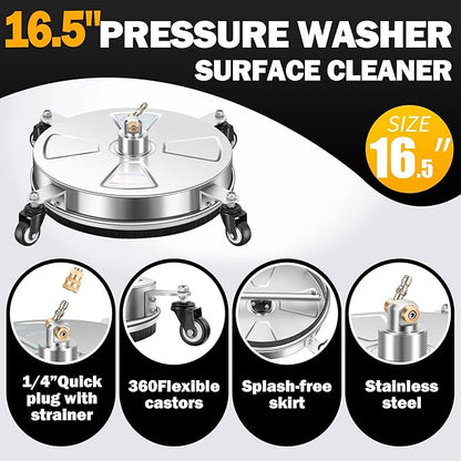 16" Pressure Washer Surface Cleaner with 4 Wheels - Stainless Steel Surface Cleaner for Pressure Washer Attachment for Concrete, Patio, Sidewalk, Deck, Driveways and Daily Washing - PWS 16