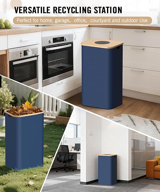 Recycling Bins for Kitchen, 26 Gallon (100L) Recycle Bin with Bamboo lid, Indoor Oxford Fabric Recycling Trash Can with 2pcs Removeable and Reusable Inner Bags for Bottle Can Glass Plastice, Blue