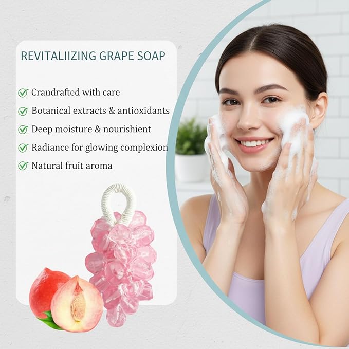 Grape Soap on a Rope Handmade, 25 Grapes Decorative Bath Bar, Soft Lather Cluster Soap for Hand, Face & Body, Multi-Use Hanging Scent Accent (1, Lemon)