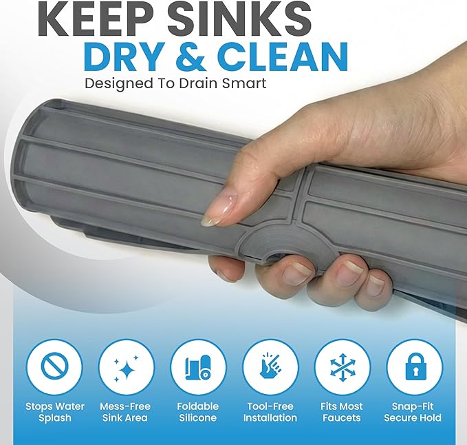 24 Inch Silicone Sink Splash Guard with Drain Cleaning Sticks (2 Pack) – Faucet Mat for Kitchen Sink, Food-Grade Silicone Drying Mat, Hair & Food Clog Remover for Kitchen & Bathroom