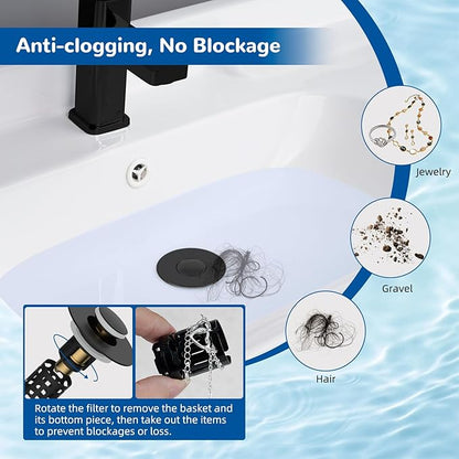 Hibbent 3 Pack 3 in 1 Bathroom Sink Drain Strainer, Universal Pop Up Stopper, Removable Stainless Steel Filter Basket Hair Catcher, Sink Plug for 1.1''~2.36'' Basin, Brass Bullet Core, Matte Black