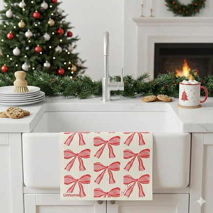 Holiday Swedish Dishcloth, Reusable Paper Towel, Super Absorbent Cellulose Sponge, Washable Kitchen Cleaning Cloth (Red Ribbons - Christmas & Valentine’s - 1 Pack)