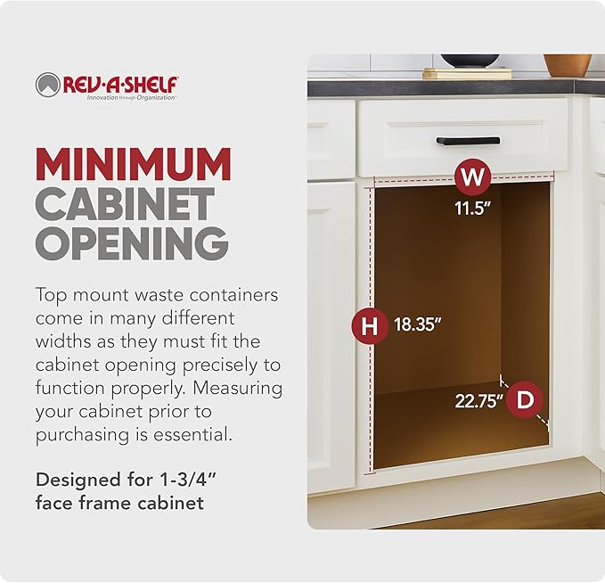 Rev-A-Shelf 35 Qt Top Mount Single Pullout Under Cabinet Kitchen Trash Cans for Base Cabinets, 150 Pound Rated Full-Extension Slides, Min Opening Width of 11.5", White, 4WCTM-12DM1-175