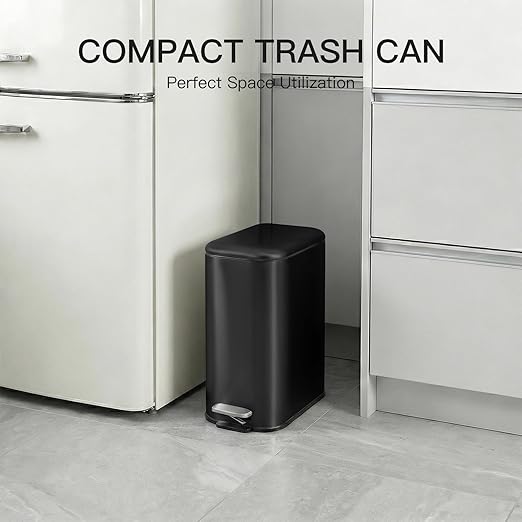GlowSol Bathroom Trash Can with Lid, 1.3 Gallon 12 L Stainless Steel Step Trash Can with Removable Liner Bucket, Slim Small Wastebasket for Toilet Bedroom Office, Black