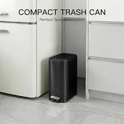 GlowSol Bathroom Trash Can with Lid, 1.3 Gallon 12 L Stainless Steel Step Trash Can with Removable Liner Bucket, Slim Small Wastebasket for Toilet Bedroom Office, Black