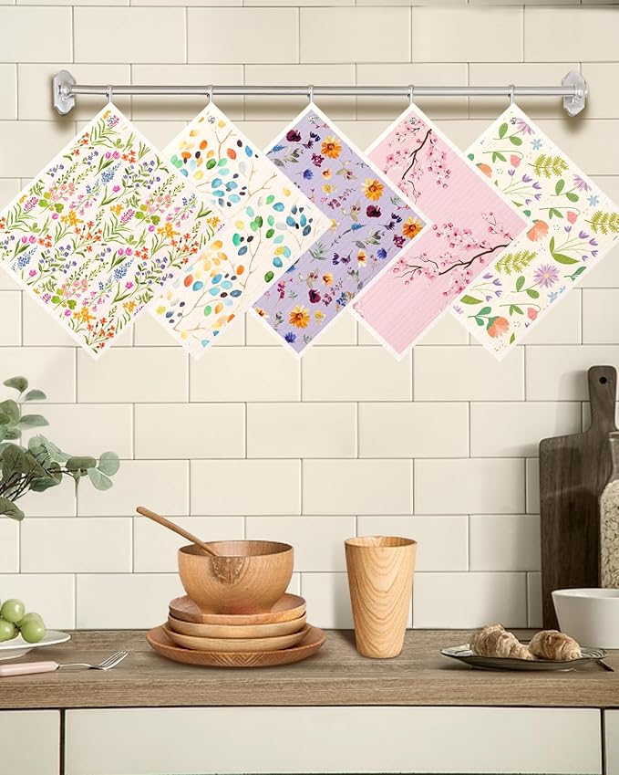 Miss Adola Swedish Dishcloths for Kitchen with Hooks - Reusable Dish Cloths for Washing Dishes Fast Drying Cute Fun 5 Pack Swedish Dish Towels Washable Cleaning Sponge, Elegant Flowers